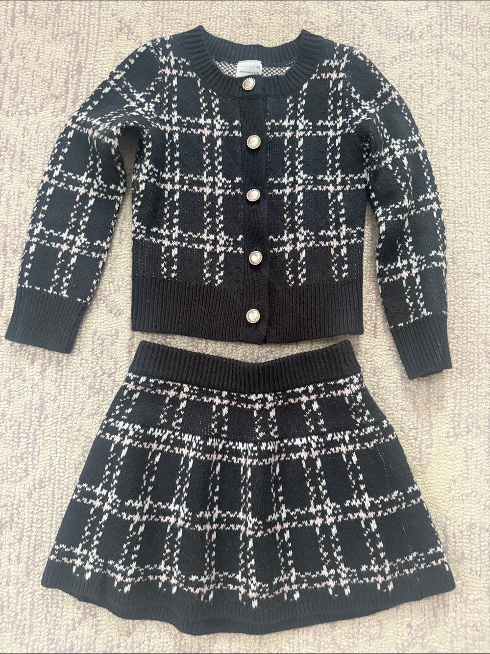 abercrombie kids Black/White/Pink Plaid Knit Cardigan and Skirt Set